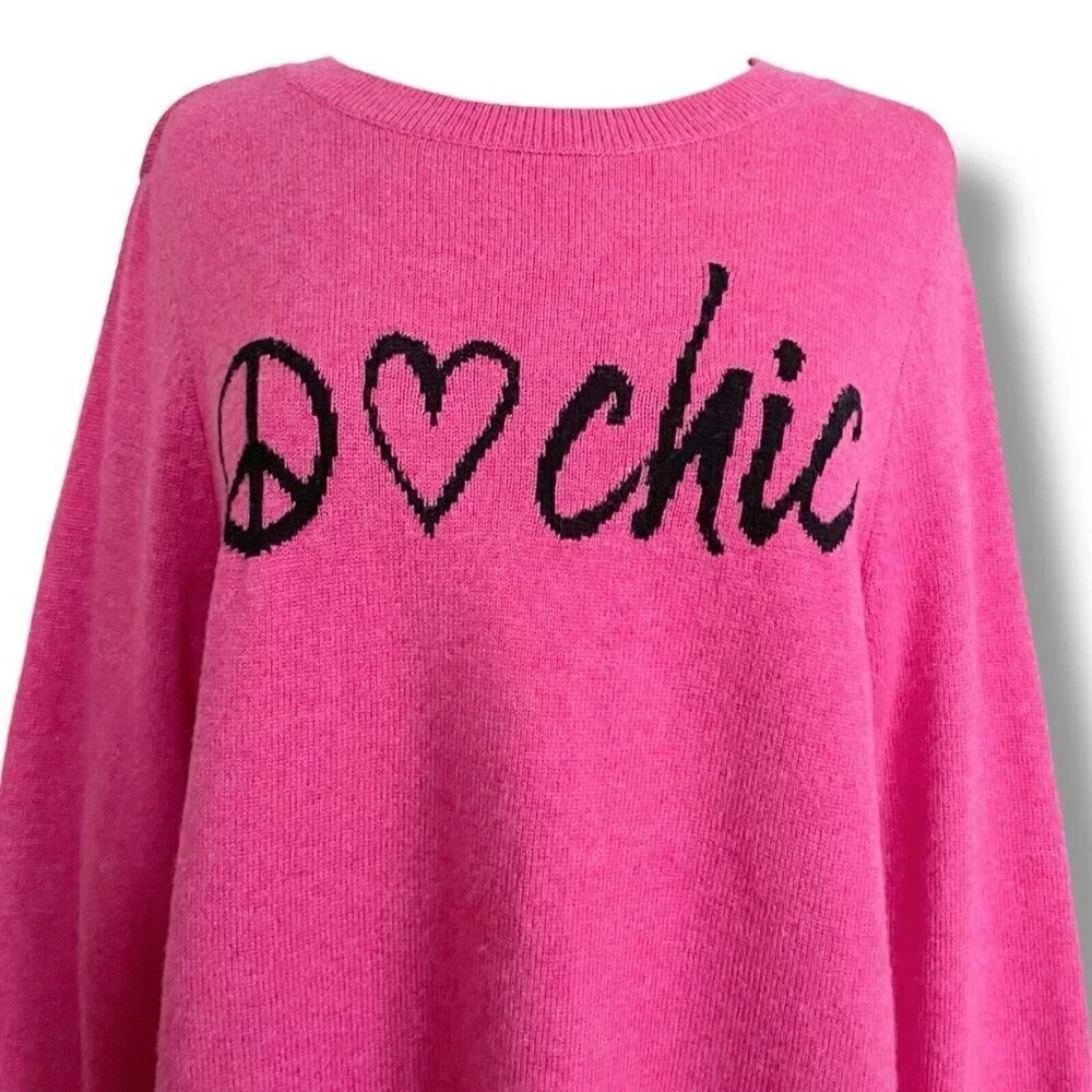 Chicos Womens Sweater Sz 2 Large Pink Wool Cashmere Blend Knit Peace Love Chic